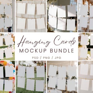 May include: A mockup bundle featuring multiple arrangements of blank, white hanging cards. The cards are suspended by twine and held with small wooden clips. The text "Hanging Cards MOCKUP BUNDLE" is displayed in the center of the image.
