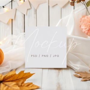 Fall Square Card Mockup, Autumn Square Greeting Card Mockup, Pumpkins 5x5 Card Mockup, PSD/Canva Fall Invite Mockup, Wedding Invitation
