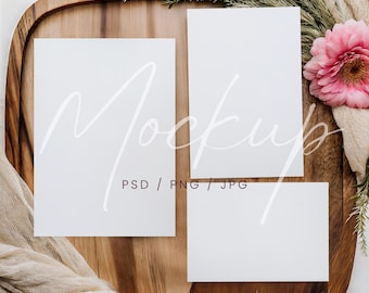 Boho Einladung & Details Card Mockup, PSD/Canva Hochzeitskarten-zeuge Mockup, Einladung Set Mockup mit Antwortkarte, Floral Stationär Mockup