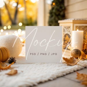 PSD/Canva Autumn Square Greeting Card Mockup, Fall Square Invitation Mockup, Pumpkins Invite Mockup, Autumn Wedding Invite Card Mockup