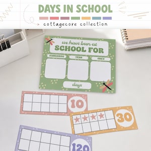 May include: A green educational chart titled we have been at SCHOOL FOR with three blank boxes for hundreds, tens, and ones. Below are three rectangular ten-frame cards in pink, orange, and purple, featuring numbers 10, 30, and 120.