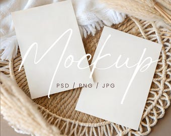 Double Invite Card Mockup, Bridal Shower Invitation Mockup, Beige 5x7 Wedding Invitations Mockup, Boho Two Sides Invitations Mockup