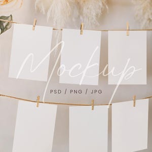 Mockup hangende maandelijkse fotokaarten, mockup bruiloft stoelengrafiek, PSD/Canva mijlpaalkaarten mockup, mockup fotobanner babyshower
