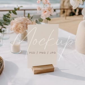 Summer Wedding Table Number Mockup, Wooden Stand Card Mockup, PSD/Canva Table Sign Mockup, 5x7 Place Card Mockup, Boho Bar Menu Mockup