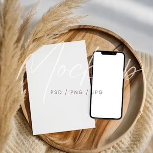 PSD/Canva Karten- & Telefon-Mockup, Hochzeitseinladungskarten-Mockup, Neutrale Einladungskarte und Geräte-Mockup, 5x7-Karten-Mockup, Smartphone-Mockup