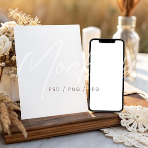 13x18 Karte und Telefon Mockup PSD, Boho iPhone Bildschirm Mockup, Hochzeitseinladung Karte Mockup Canva, Outdoor Einladungskarte & Smartphone Mockup