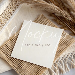 Boho Square Card Mockup, 5x5 Card Mockup, Neutral Greeting Card Mockup, Aesthetic Wedding Invitation PSD Mockup, Square Blank Postcard Mock
