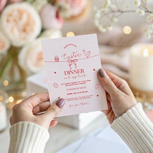 May include: Pink and red Easter dinner invitation with a chick and egg design. Let's gather together for a heart-filled evening with good food & laughter. Easter Sunday, April 20 at 5:00 pm.  RSVP to [phone number] or [email address]. See you there!