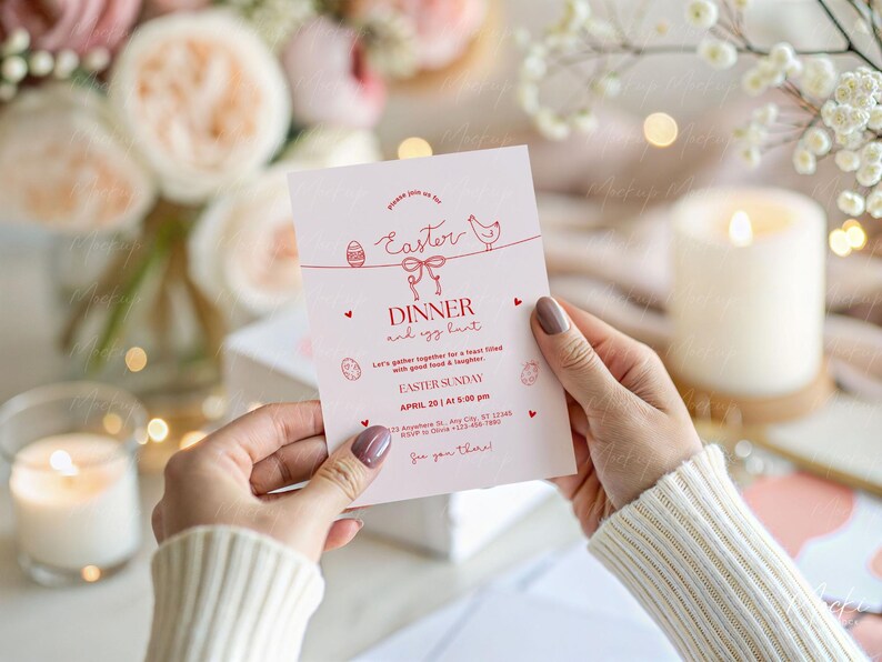 May include: Pink and red Easter dinner invitation with a chick and egg design. Let's gather together for a heart-filled evening with good food & laughter. Easter Sunday, April 20 at 5:00 pm.  RSVP to [phone number] or [email address]. See you there!