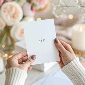May include: A white card with the text "5x7" printed on it. The card is being held by a person's hands.