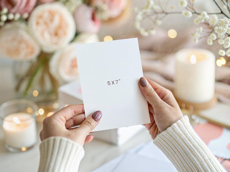 May include: A white card with the text "5x7" printed on it. The card is being held by a person's hands.