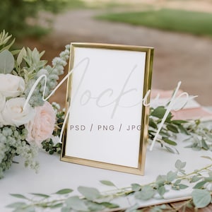 5x7 Table Sign Mockup, Boho Table Number Mockup, Wedding Gold Frame Sign Mockup, Floral Bar Sign Mockup, Bridal Shower Bar Menu PSD Mock