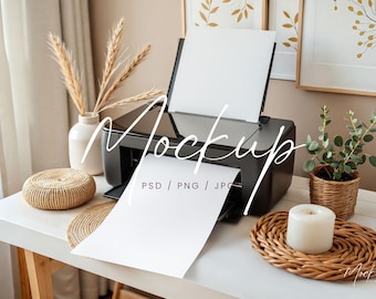 Desk Printer Mockup, Black Printer Mockup, Bohemian Home Printer A4 Page Mockup, Printer and Sheet Mockup PSD, Minimalistic Printer Mockup