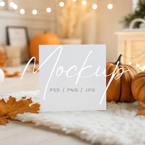 Autumn Wedding Square Invitation Mockup, Fall Square Greeting Card Mockup, 5x5 Card Mockup, PSD/Canva Bridal Shower Invite Mockup