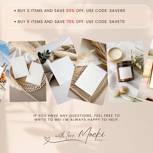 May include: A collage of images featuring blank white cards, a candle, and a gold frame. The images are arranged in a grid pattern on a light pink background. The text "BUY 3 ITEMS AND SAVE 60% OFF. USE CODE: SAVE60" and "BUY 5 ITEMS AND SAVE 70% OFF. USE CODE: SAVE70" is displayed at the top of the image. The text "IF YOU HAVE ANY QUESTIONS, FEEL FREE TO WRITE TO ME! I'M ALWAYS HAPPY TO HELP." is displayed at the bottom of the image. The text "with love. Mocki" is displayed at the bottom of the image.