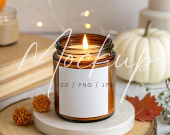 Fall Seasonal Candle Label Mockup, Autumn Candle Mockup, 9 Oz Candle Mockup, Lumient Candle Mockup, PSD/Canva Amber Glass Candle Mockup