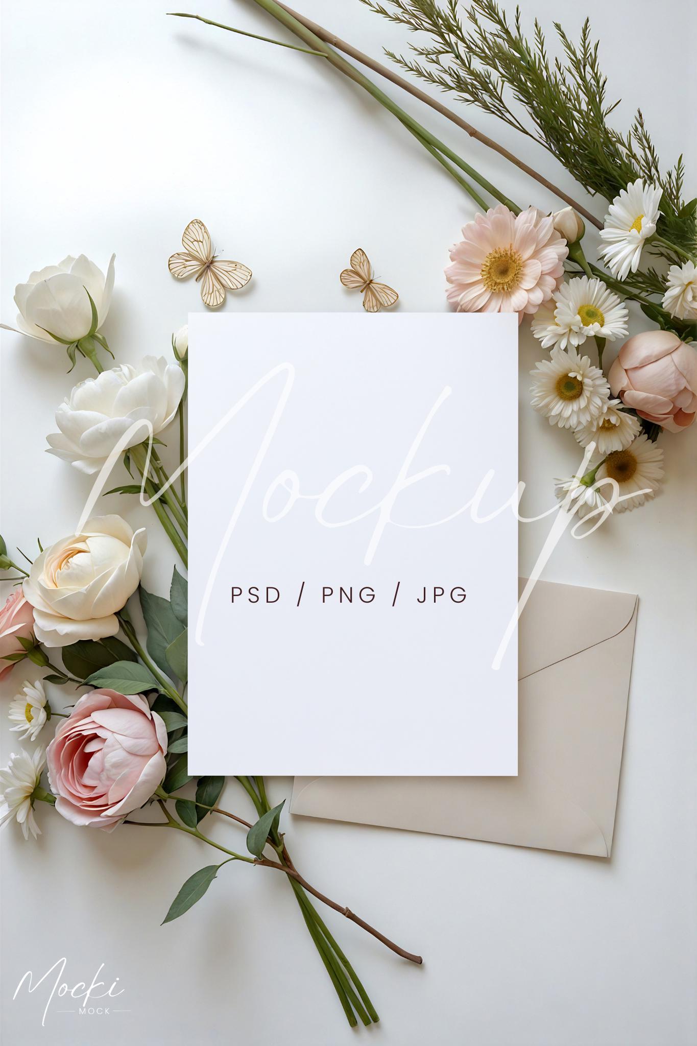 Wedding Invite PSD Mockup, Floral Bridal Shower Card Mockup, Spring 5x7 Card Mockup Simple Baby Shower Invitation Mock Photoshop Card Mockup