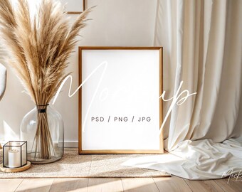 Boho Art Frame Mockup, Din A Ratio Poster Mockup, Styled Frame Mock, Neutral Frame Art Display PSD, Thin Vertical Frame Smart Object