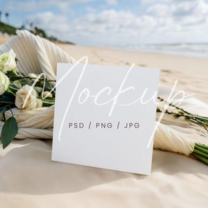 Maquette de carte de mariage d'été, maquette d'invitation d'anniversaire, maquette de carte carrée 5 x 5, maquette PSD de carte postale esthétique, maquette de carte de voeux de plage 6 x 6