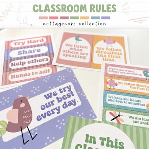 May include: A set of classroom rules posters featuring colourful illustrations of birds and insects. The text includes phrases like Try Hard, Share, Help others, Hands to self, We listen when others are speaking, We follow directions, and We try our best every day.