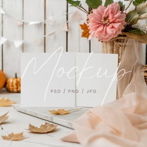 Fall Double Square Card Mockup, Autumn Square Invitation Mockup, Pumpkins Two Cards Mockup, PSD/Canva Greeting Card Mockup