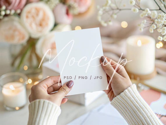 Hands Holding Blank Card Mockup, Bridal Shower 5x7 Invite Mockup, PSD/Canva Bachelorette Invite Mockup, Wedding Card Mockup in Woman Hands