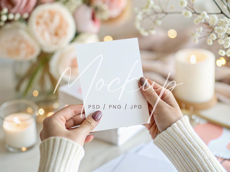 May include: A white card with the text "PSD / PNG / JPG" is being held by a person with a blurred background of flowers and candles.