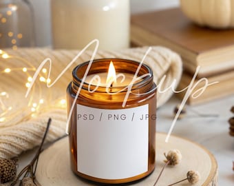 Autumn Candle Mockup, Lumient Amber Candle Mockup, PSD/Canva Candle Label Mockup, Amber Glass Candle Mockup, Fall 9 Oz Candle Mockup