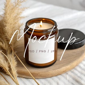 Boho Candle Label Mockup, Amber Glass Candle Mockup, Jar Candle Mockup, Candle Tag Mockup, Neutral Candle PSD Mockup, Candle Business Mockup