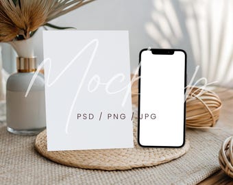 Card & Phone Mockup, Boho Invitation Card and Device Mockup, Wedding Invite Card Mockup, 5x7 Card Mockup, PSD/Canva Greeting Card Mockup