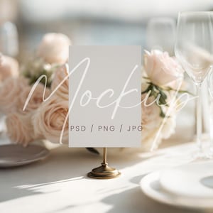 Sommer Hochzeit Tischschild Mockup, Bar Menü Mockup, 5x7 Tischnummer Mockup mit Ständer, Tischkarten Mockup, PSD/Canva Hochzeit Briefpapier Mockup