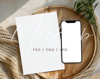 Wedding Invite Card & iPhone Mockup, PSD/Canva Invitation Mockup, Bridal Shower 5x7 Card and Device Mockup, Boho Greeting Card Mockup