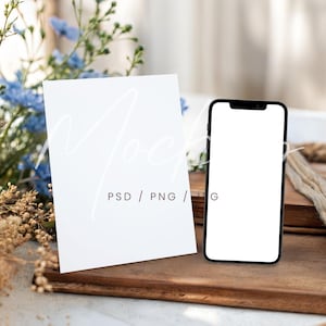 Maqueta de iPhone con diseño floral para boda (PSD), maqueta de tarjeta de 5x7, maqueta de tarjeta y teléfono (Canva), maqueta de invitación y dispositivo, maqueta de tarjeta de felicitación