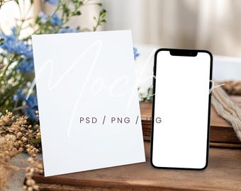Floral Wedding iPhone Mockup PSD, 5x7 Card Mockup, Card and Phone Mockup Canva, Invite and Device Mockup, Greeting Card Mockup