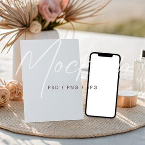Boho Einladungskarte und Gerätemodell, PSD/Canva Karte & iPhone Mockup, Hochzeitseinladungskarte Mockup, 5x7 Kartenmockup, elektronische Einladung