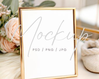 Framed Bar Sign Mockup, Wedding 8x10 Sign Mockup, Gold Frame Table Sign Mockup, Editable Tabletop Mockup PSD, Event Table Number Mockup