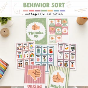May include: A behavior sort educational set featuring multiple cards with illustrations and text labels like Thumbs up, Unkind, and Helpful. The cards display various social scenarios, choices, and actions, organized into categories with a muted color palette.