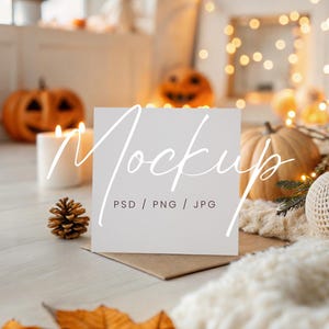 Fall Square Invitation Mockup, Autumn Square Greeting Card Mockup, 5x5 Halloween Card Mockup, PSD/Canva Pumpkins Invite Mockup