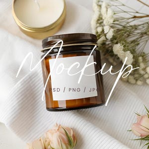 Aesthetic Candle Mockup, Square Candle Mockup, Jar Candle Mockup, Candle Tag Mockup, Cozy Candle Label Mockup, PSD Candle Branding Mockup