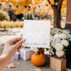 Autumn Square Card Mockup, 5x5 Card Mockup, Square Pumpkins Invite Mockup, Aesthetic Square Greeting Card Mockup, Fall Outdoor Invite Mockup