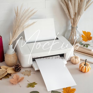Autumn White Printer Mockup, Fall Desk Printer Letter Mockup, A4 Sheet Mockup, PSD/Canva Home Printer Printing Paper, Printer & Sheet Mockup