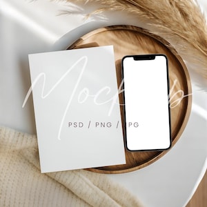 15x7 Karte und Telefon Mockup, Boho iPhone Bildschirm Mockup, Hochzeitseinladung Karte Mockup, PSD/Canva Einladungskarte & iPhone Mockup, Handy Mockup
