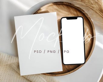 5x7 Card and Phone Mockup, Boho iPhone Screen Mockup, Wedding Invite Card Mockup, PSD/Canva Invitation Card & iPhone Mockup, Cellphone Mock