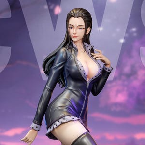May include: A detailed figurine of a woman in a black dress and thigh-high boots. The figure has long black hair and is posed with one leg raised. The dress has a low neckline and is trimmed with white polka dots. The base has text that reads "PATREON.COM | CHICKENWAR".