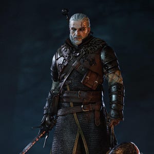 Puede incluir: Estatua detallada de una figura de guerrero, vestida con armadura oscura y sosteniendo una espada con sangre. La figura se encuentra sobre una base de madera con una cabeza cortada. La estatua tiene un diseño realista y es un objeto de colección.