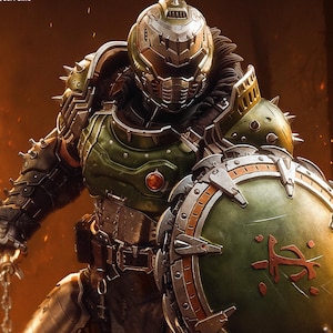 Könnte beinhalten: Detaillierte Actionfigur eines Kriegers in grüner und silberner Rüstung, der einen Schild und eine Kettenwaffe hält. Die Figur hat einen Helm und ist in einer dynamischen Haltung dargestellt. Der Schild ist grün mit einem roten Emblem. Der Text "HIGH-QUALITY PRE-SUPPORTS" und "PATREON.COM/BULKAMANCER" ist enthalten.