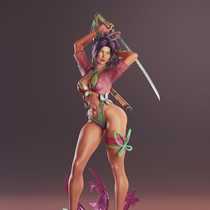 May include: A standing figurine of a warrior with purple hair, wearing a pink and green butterfly-themed outfit. The figure holds a katana above the head, features green butterfly accents on the leg and sandals, and stands on a circular base.