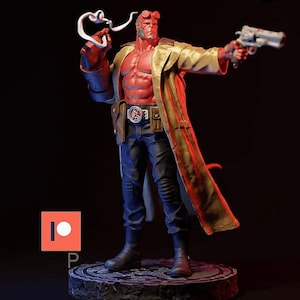 Op de afbeelding: Een rood en zwart action figure van een personage met een pistool in de ene hand en een sigaret in de andere. De figuur draagt een lange, gele jas en een blauwe jeans. De figuur staat op een zwarte basis met een cirkelvormig ontwerp.