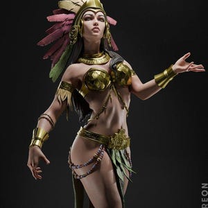 May include: A woman wearing a gold and green feathered headdress, a gold and green bikini top, and a gold belt with a green skirt. She is standing with her right arm extended and her left hand raised.