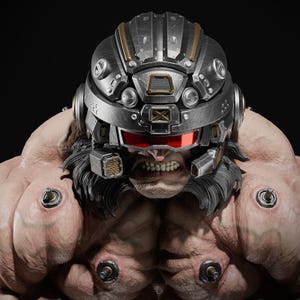 May include: A close-up of a muscular figure wearing a futuristic helmet with red visor and a black beard. The helmet has a metallic silver and gold finish with various details.